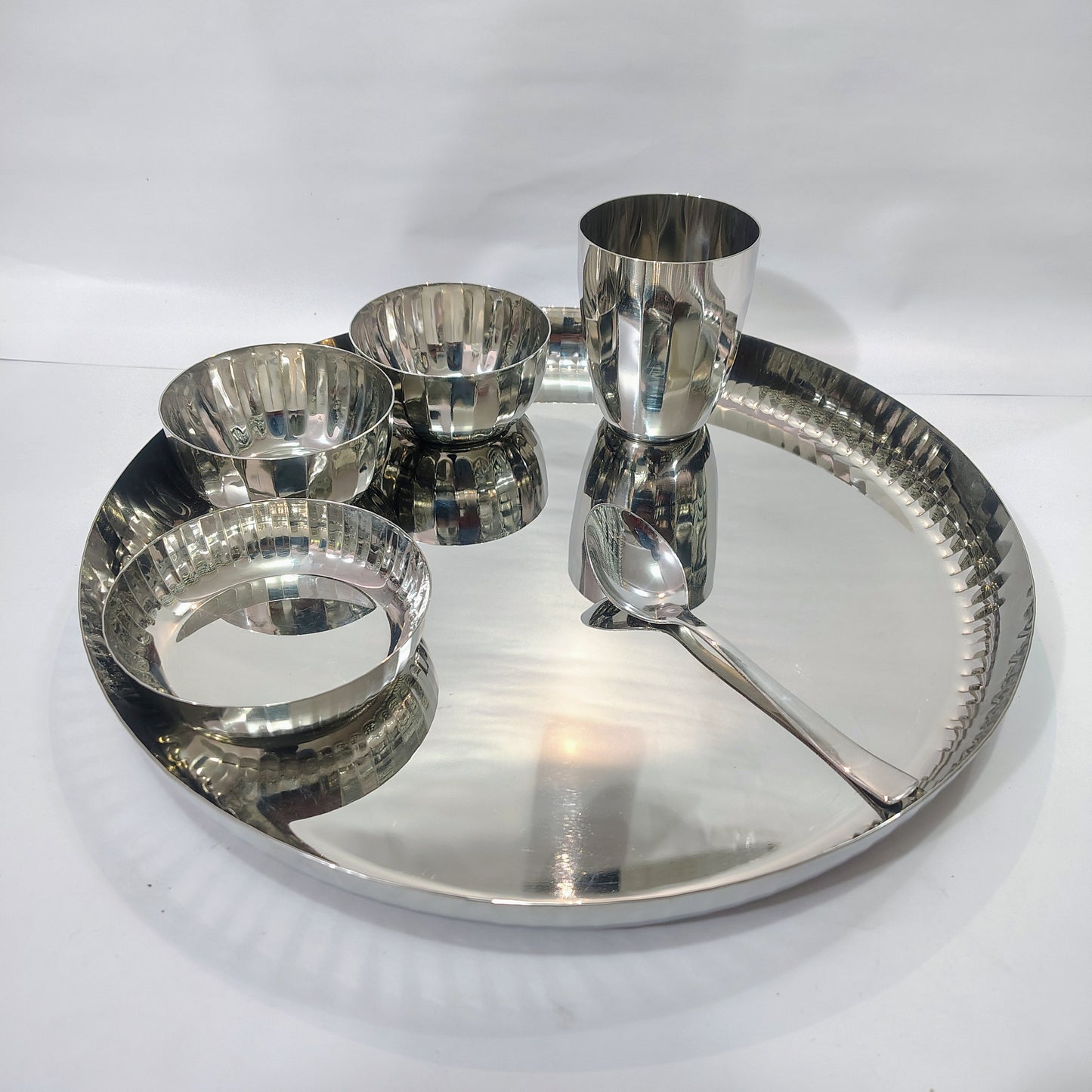 Asha-Premium Thali Set-Made of Pure Stainless Steel with Beautiful Design-1 Big(13.5 Inch) thali,1 Spoon,1 Big Glass,2 Vegetable Katori,1 Sweat Katori