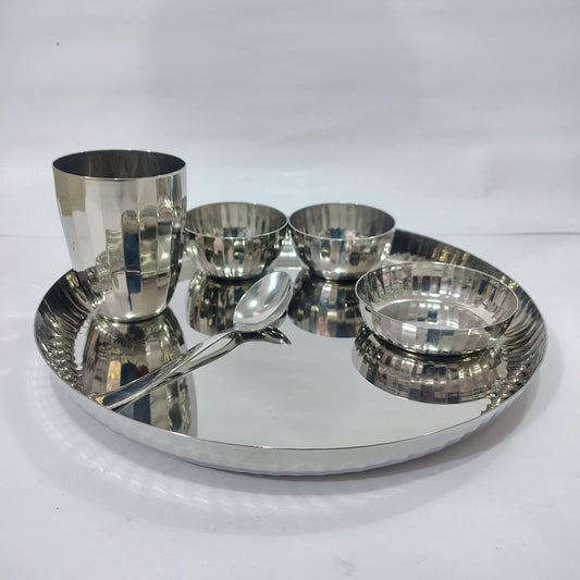 Asha-Premium Thali Set-Made of Pure Stainless Steel with Beautiful Design-1 Big(12 Inch) thali,1 Spoon,1 Big Glass,2 Vegetable Katori,1 Sweat Katori