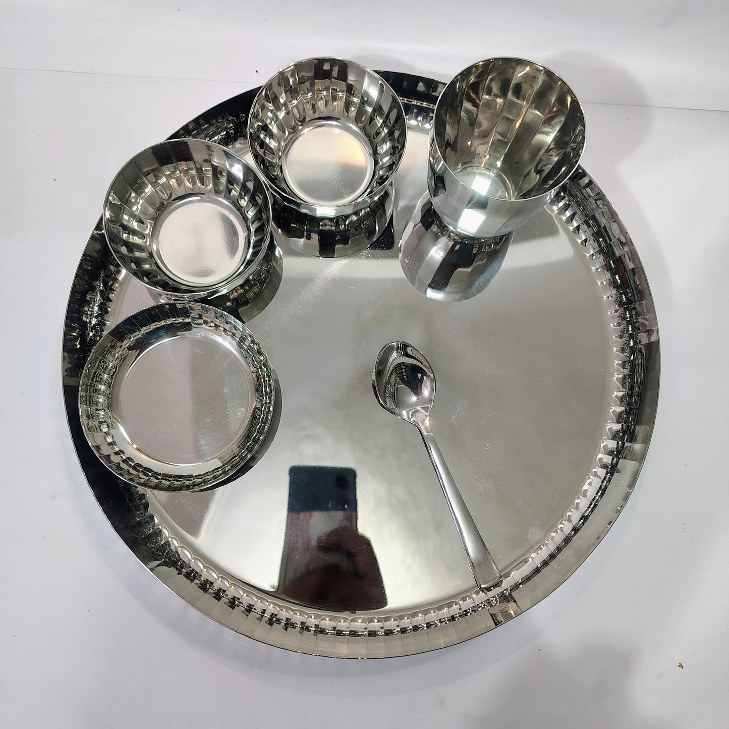 Asha-Premium Thali Set-Made of Pure Stainless Steel with Beautiful Design-1 Big(13.5 Inch) thali,1 Spoon,1 Big Glass,2 Vegetable Katori,1 Sweat Katori