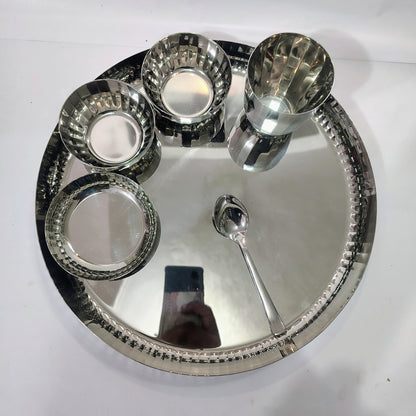 Asha-Premium Thali Set-Made of Pure Stainless Steel with Beautiful Design-1 Big(13.5 Inch) thali,1 Spoon,1 Big Glass,2 Vegetable Katori,1 Sweat Katori