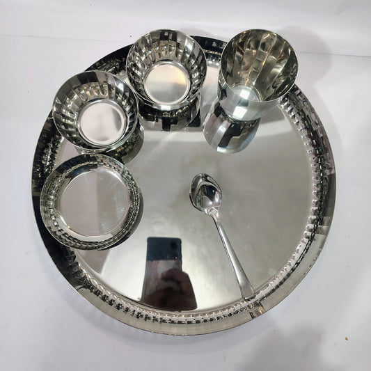 Asha-Premium Thali Set-Made of Pure Stainless Steel with Beautiful Design-1 Big(13.5 Inch) thali,1 Spoon,1 Big Glass,2 Vegetable Katori,1 Sweat Katori