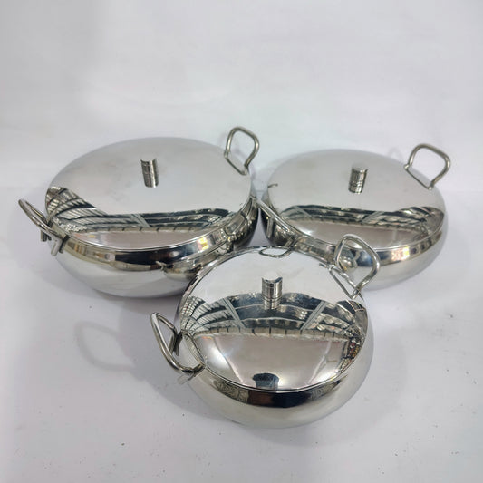 Asha-Stainless Steel body  Donga Set of 3 Beautiful Design, Lid, Sleek Design-Heavy Build Quality, Food Serving Donga.