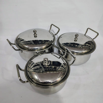 Asha-Stainless Steel body  Donga Set of 3 Beautiful Design,Lid,Plain Design-Heavy Build Quality,Food Serving Donga.