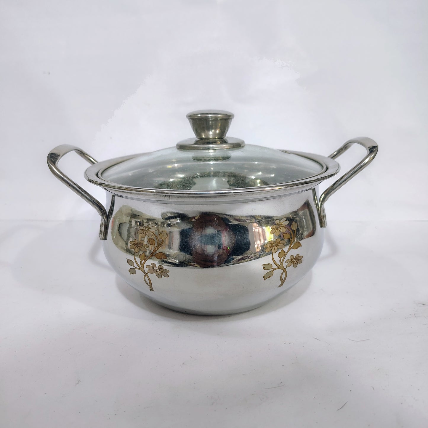 Asha-Stainless Steel body  Donga Set of 3 Beautiful Design,One Glass Lid-Heavy Build Quality,Food Serving Donga..