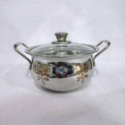 Asha-Stainless Steel body  Donga Set of 3 Beautiful Design,One Glass Lid-Heavy Build Quality,Food Serving Donga..