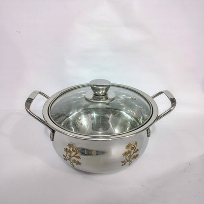 Asha-Stainless Steel body  Donga Set of 3 Beautiful Design,One Glass Lid-Heavy Build Quality,Food Serving Donga..