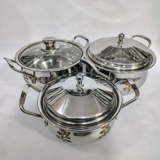 Asha-Stainless Steel body  Donga Set of 3 Beautiful Design,One Glass Lid-Heavy Build Quality,Food Serving Donga..