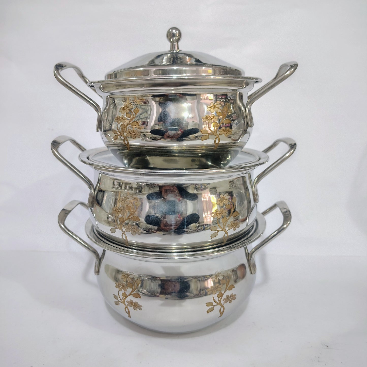 Asha-Stainless Steel body  Donga Set of 3 Beautiful Design,One Glass Lid-Heavy Build Quality,Food Serving Donga..