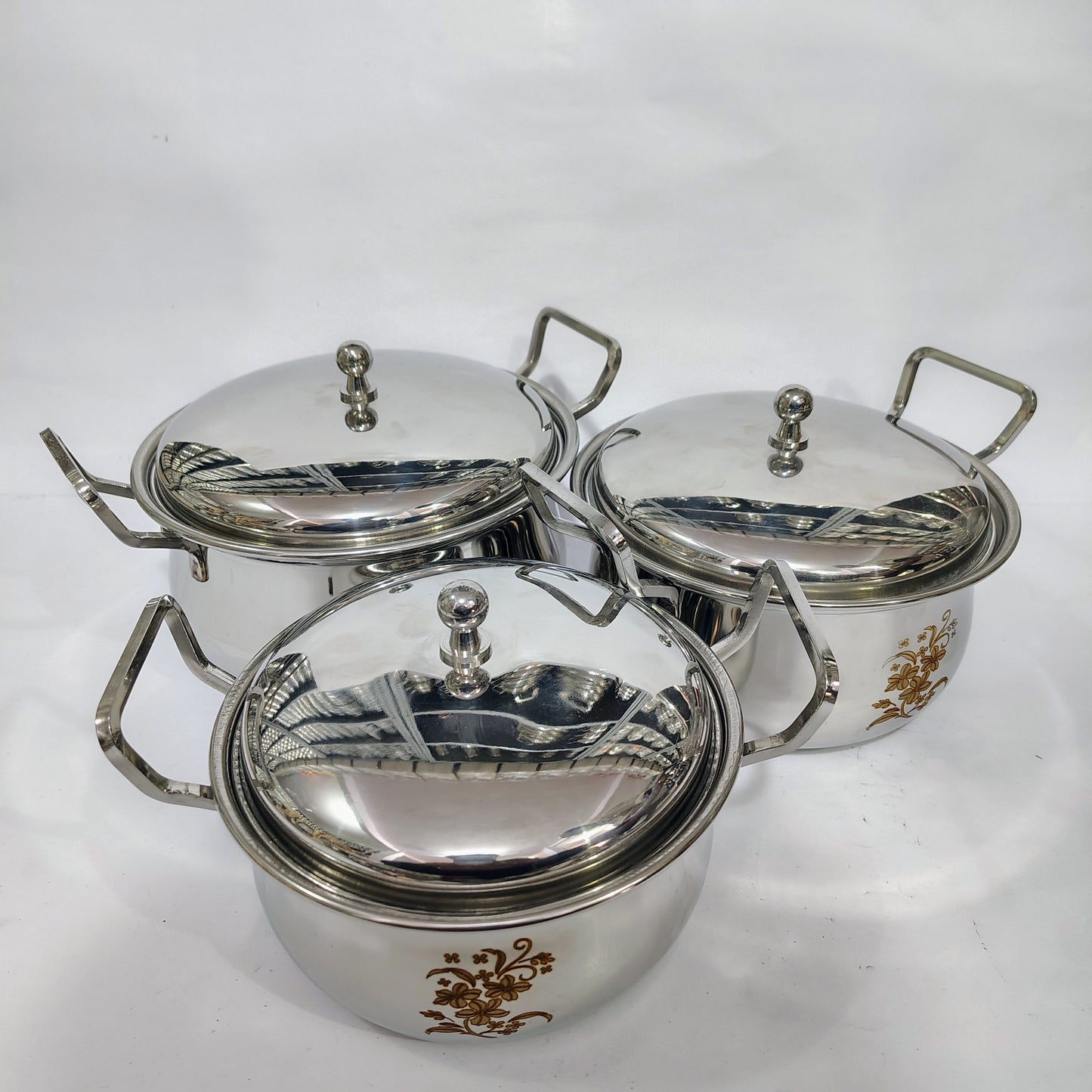 Asha-Stainless Steel body  Donga Set of 3 Beautiful Design,Lid-Heavy Build Quality,Food Serving Donga.