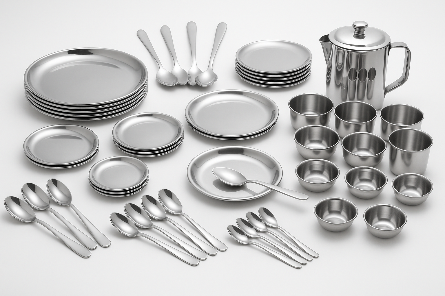 Generate Stainless steel full plate 6,service spoon 3,quarter plate 6 ,sweet plate 6,rice plate 1,rice spoon 1,dinning spoon 12,jug 1,dongas 3,bowl 6,glasss 6