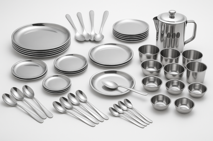 Generate Stainless steel full plate 6,service spoon 3,quarter plate 6 ,sweet plate 6,rice plate 1,rice spoon 1,dinning spoon 12,jug 1,dongas 3,bowl 6,glasss 6
