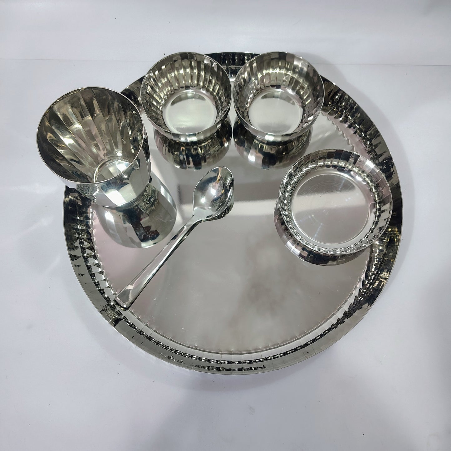 Asha-Premium Thali Set-Made of Pure Stainless Steel with Beautiful Design-1 Big(12 Inch) thali,1 Spoon,1 Big Glass,2 Vegetable Katori,1 Sweat Katori