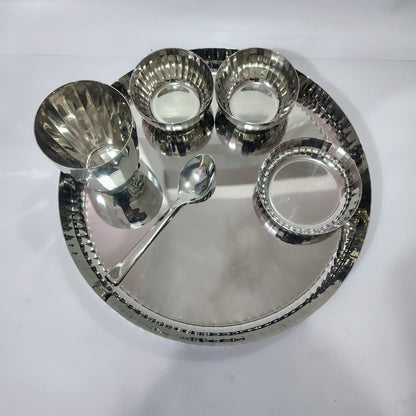 Asha-Premium Thali Set-Made of Pure Stainless Steel with Beautiful Design-1 Big(12 Inch) thali,1 Spoon,1 Big Glass,2 Vegetable Katori,1 Sweat Katori