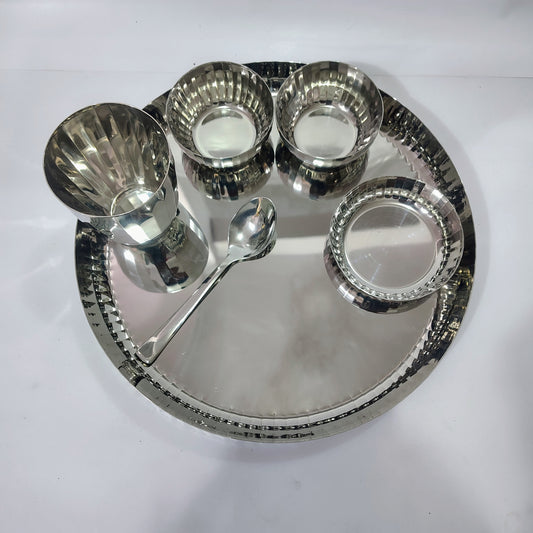 Asha-Premium Thali Set-Made of Pure Stainless Steel with Beautiful Design-1 Big(12 Inch) thali,1 Spoon,1 Big Glass,2 Vegetable Katori,1 Sweat Katori